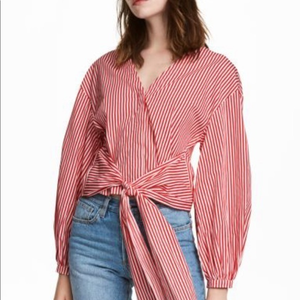 H&M red & white stripe cropped tie waist blouse‎ Sz 2